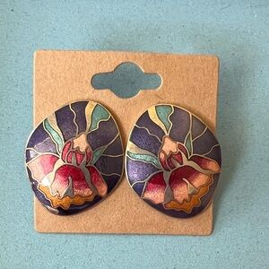 Vintage Cloisonné
Earrings-1.25" Purple &
Turquoise Enamel W/ Pink/ Red Flower.